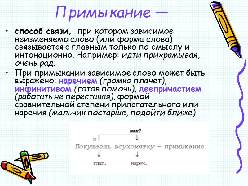 Примыкание —  способ связи,  при котором зависимое неизменяемо слово (или форма слова)